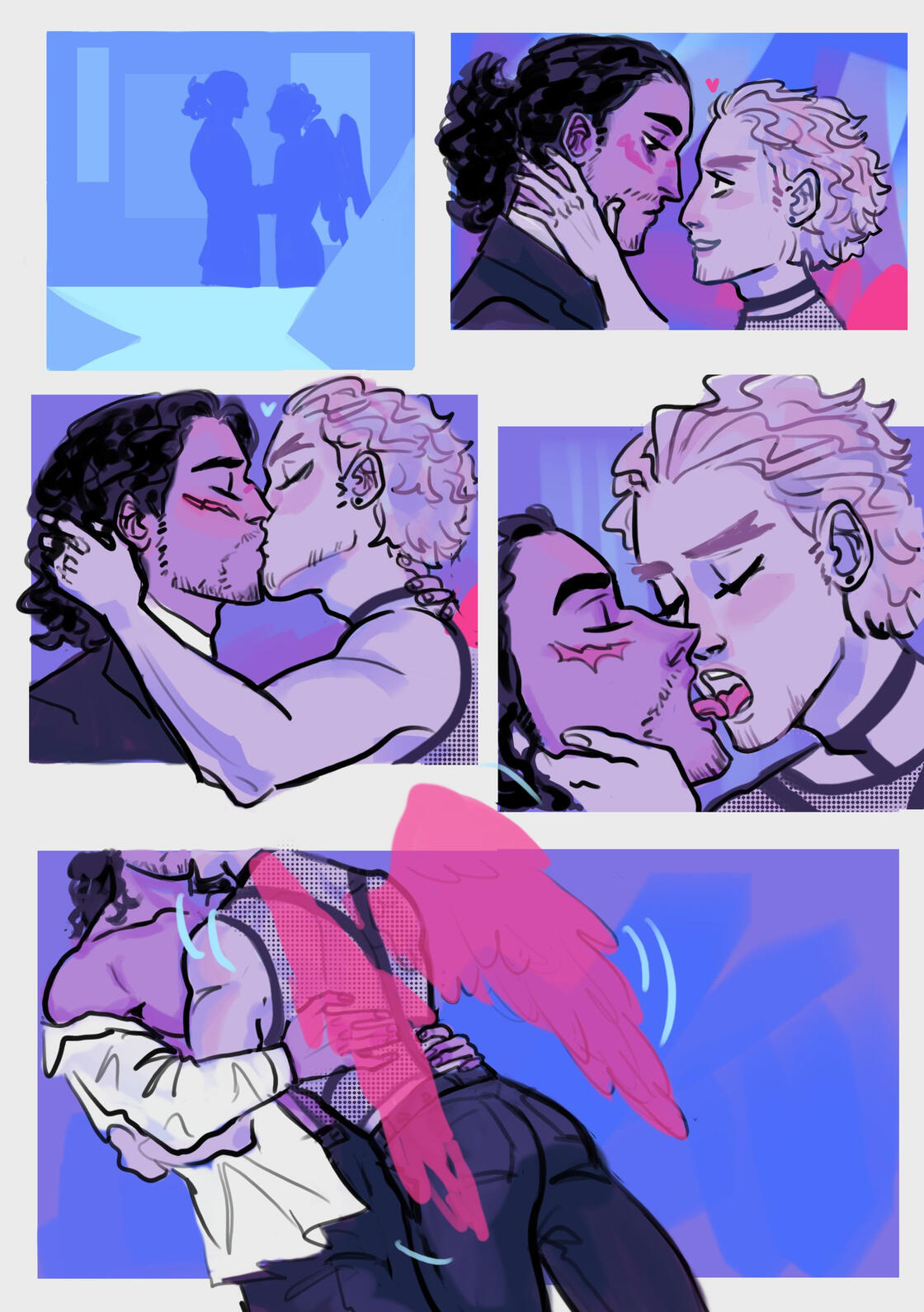 Coloured page with five panels and simple background