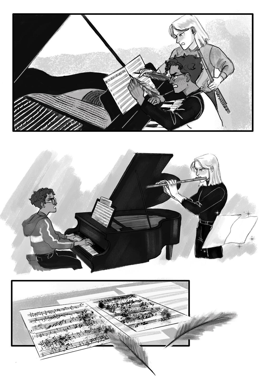 B&amp;W comic page with three panels and simple background